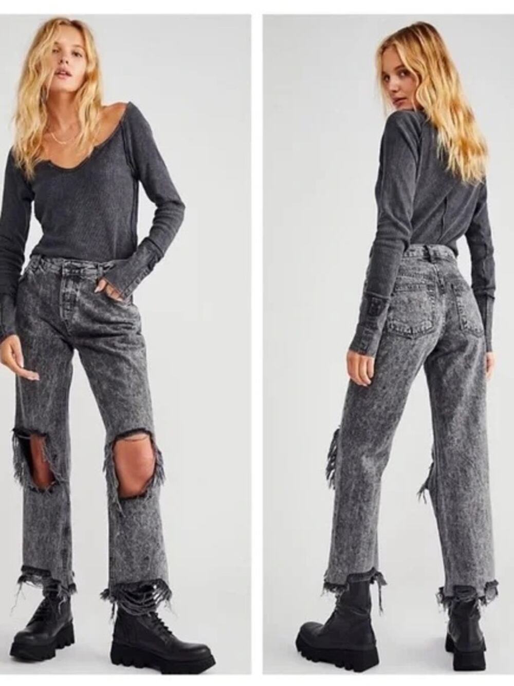 NEW We the Free People High-Rise Distressed Straight Leg Jeans — Washed Gray 28